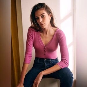 Sezane Olivera Cotton Blend Knit Bodysuit Top Iris XS